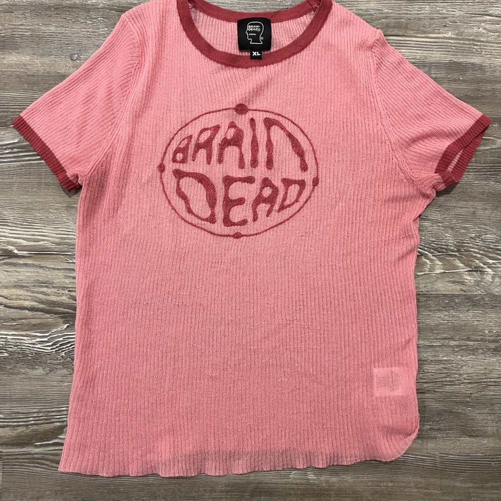 Brain Dead Reverse Flocked Logo Ribbed Tee - Rose/Red